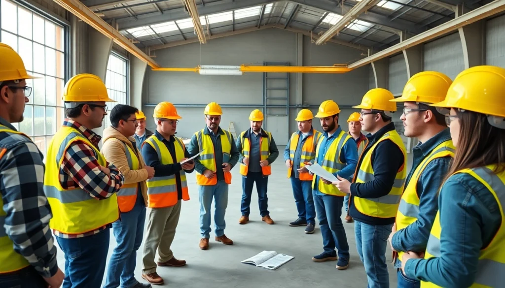 Engaged trainees practicing construction safety training with essential gear and materials.