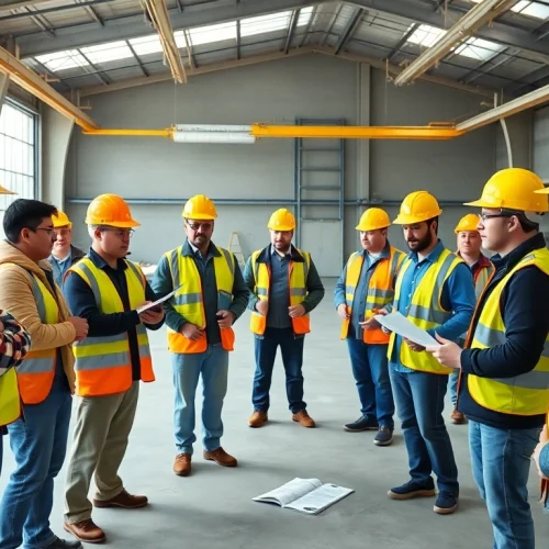 Engaged trainees practicing construction safety training with essential gear and materials.