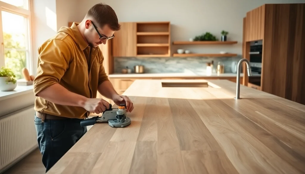 Kitchen Worktops Installation showcasing a professional installer working skillfully with wood and stone surfaces.