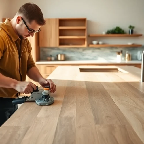 Kitchen Worktops Installation showcasing a professional installer working skillfully with wood and stone surfaces.