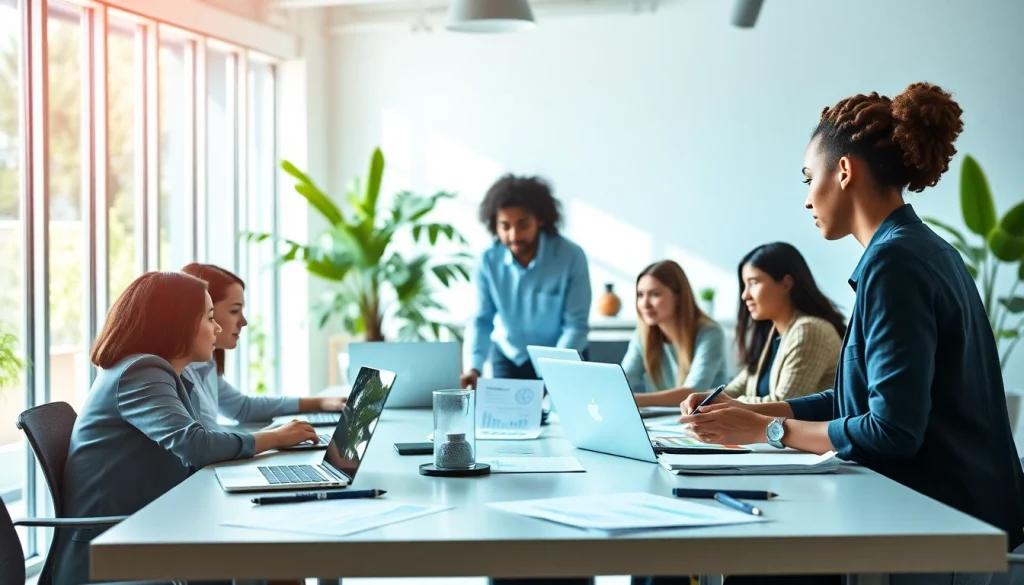 Engaging team collaborating on business growth insights in a modern office environment.