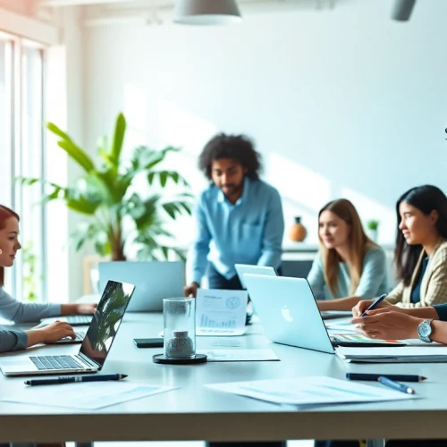 Engaging team collaborating on business growth insights in a modern office environment.
