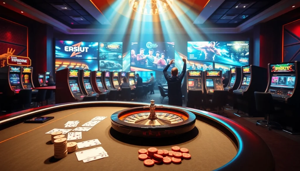 Watch Trực tiếp Esport live stream at an exciting casino with vibrant tables and cheering players.