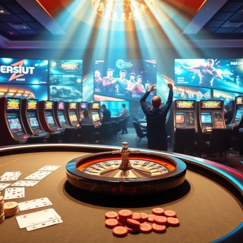 Watch Trực tiếp Esport live stream at an exciting casino with vibrant tables and cheering players.