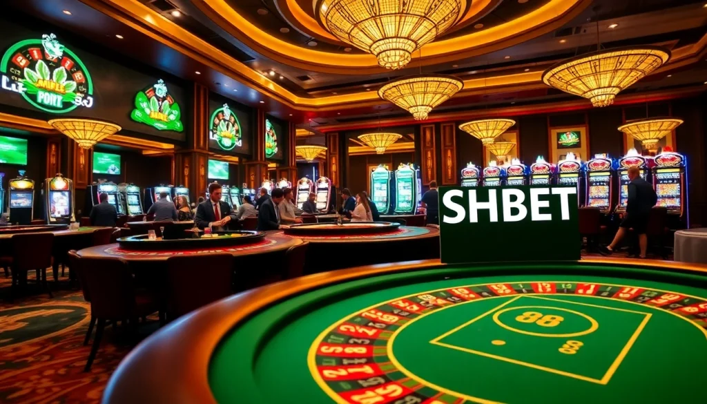 SHBET gaming experience featuring elegant casino tables and vibrant slot machines in a lively atmosphere.
