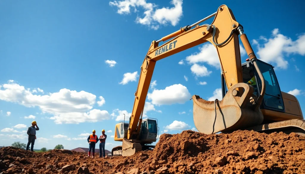 Rent excavators efficiently while showcasing a professional construction scene with workers.