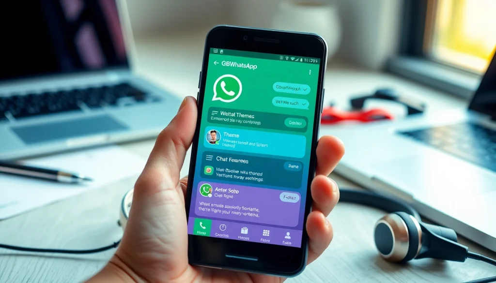 GBWhatsApp interface displayed on a smartphone showcasing customization and privacy features in a tech-savvy environment.