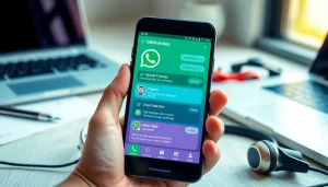 GBWhatsApp interface displayed on a smartphone showcasing customization and privacy features in a tech-savvy environment.