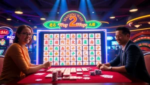 Experience Mahjong Ways 2 excitement at a lively casino slot machine, complete with colorful reels and players betting.