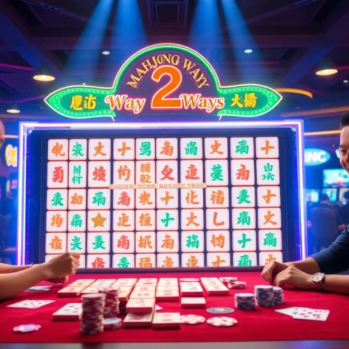 Experience Mahjong Ways 2 excitement at a lively casino slot machine, complete with colorful reels and players betting.