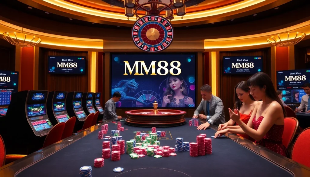 Experience the thrill of MM88 casino with vibrant gaming tables and slot machines.