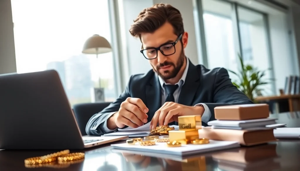 Valutazione del compro oro a distanza con oro e argento in primo piano.