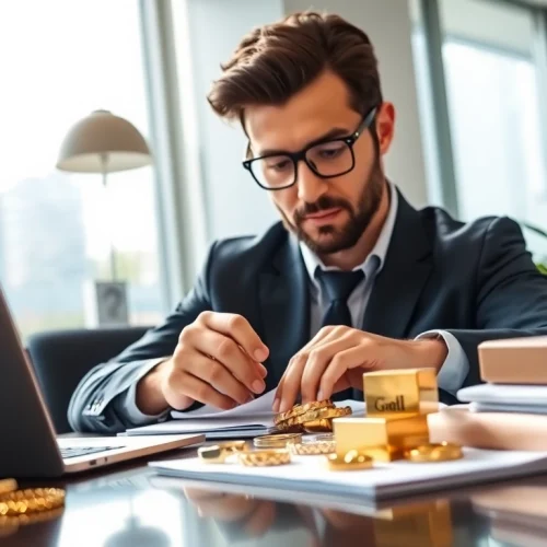 Valutazione del compro oro a distanza con oro e argento in primo piano.