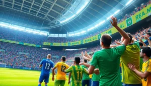 Cheerful fans at a soccer match celebrating a goal, highlighting โปรแกรมบอล วันนี้ in action.