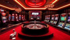 Experience RR88 with vibrant slot machines and elegant casino tables exuding excitement.