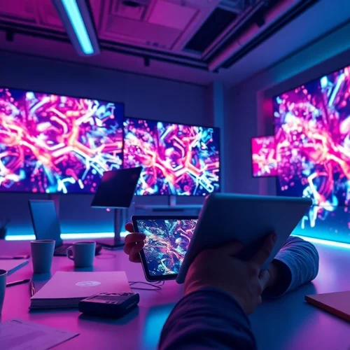 Engaging workspace showcasing NSFW AI creativity with modern tech.