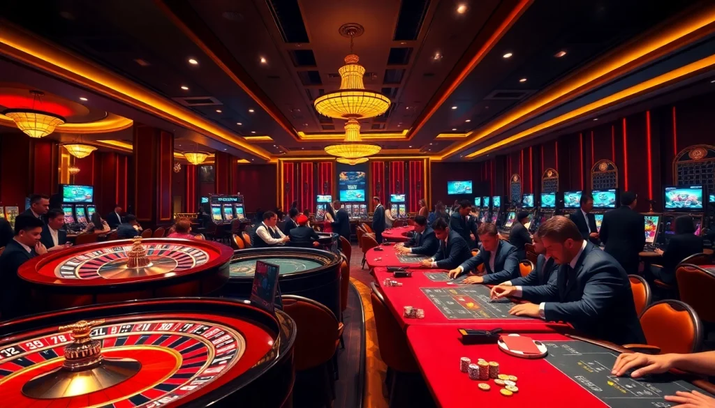 Excited players enjoying their time at Nhà cái OKWIN, featuring a roulette wheel and poker tables.