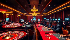 Excited players enjoying their time at Nhà cái OKWIN, featuring a roulette wheel and poker tables.