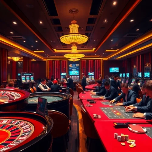 Excited players enjoying their time at Nhà cái OKWIN, featuring a roulette wheel and poker tables.