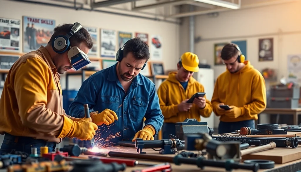 Students learning trade skills in Southern California's trade schools environment with vibrant lighting and tools.