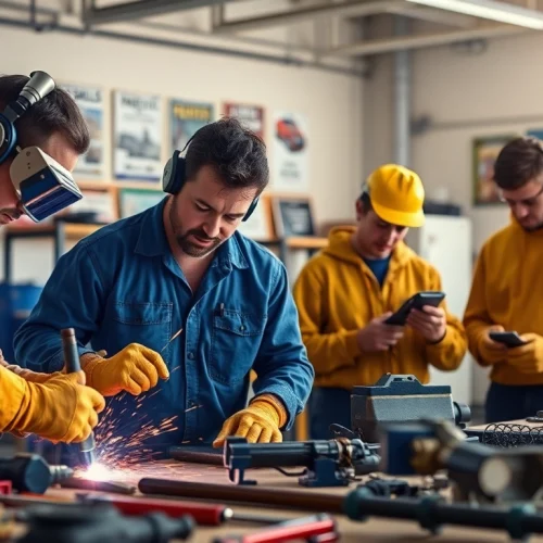 Students learning trade skills in Southern California's trade schools environment with vibrant lighting and tools.