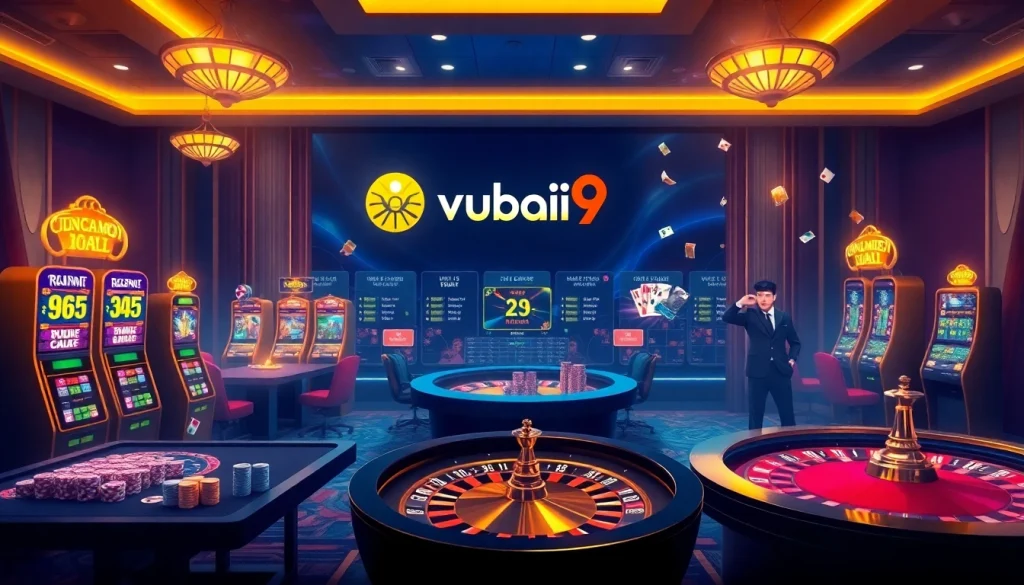 Engaging scene at nhà cái vuabai9 showcasing vibrant casino elements and online gambling excitement.