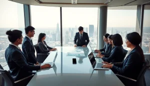 Dynamic business meeting about 출장 in a modern office with cityscape.