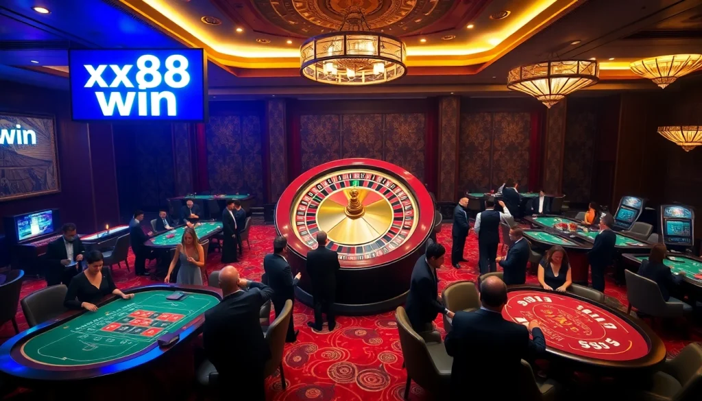 Experience the thrill of xx88 win with poker chips and roulette action in a glamorous casino.