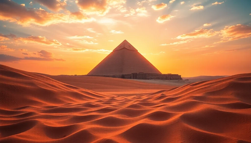 Pyraminds illuminated by sunset with ancient carvings and dunes, creating a serene atmosphere.