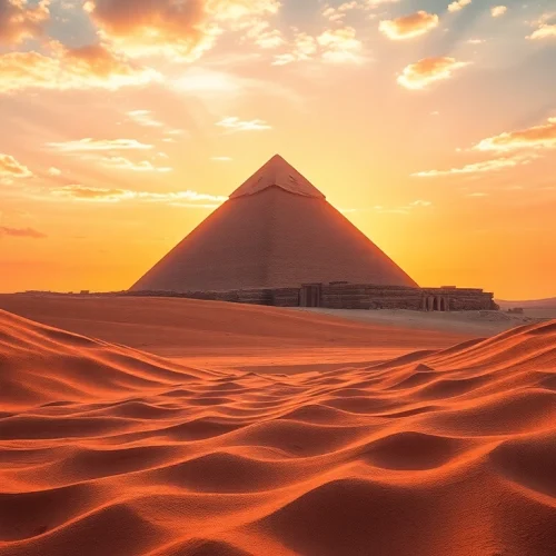 Pyraminds illuminated by sunset with ancient carvings and dunes, creating a serene atmosphere.