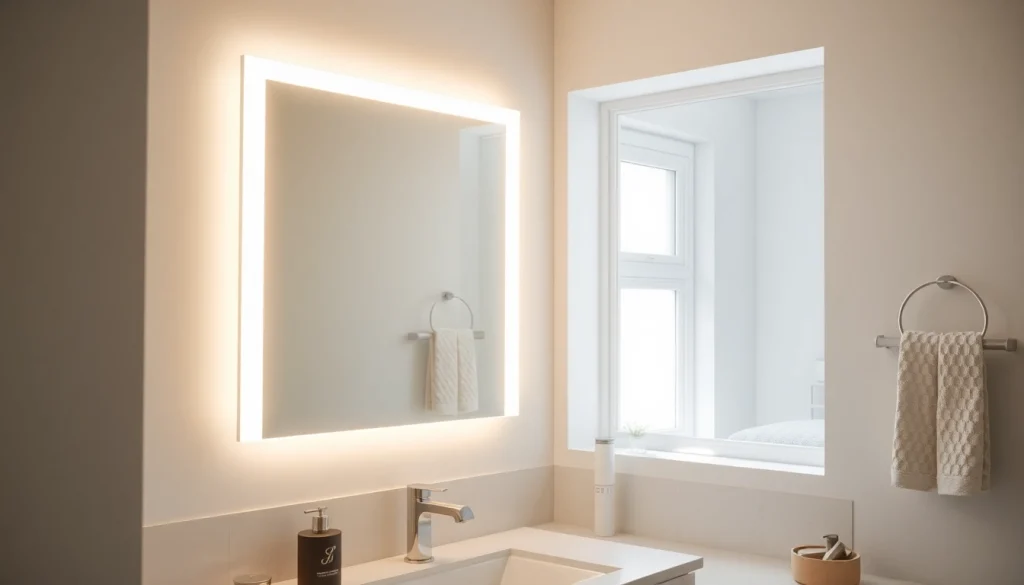 Illuminated bathroom mirror with LED light enhancing a stylish modern bathroom.