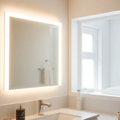 Illuminated bathroom mirror with LED light enhancing a stylish modern bathroom.