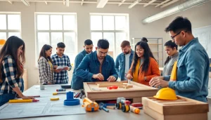 Engaged students in construction education Colorado learn practical skills in a vibrant classroom.