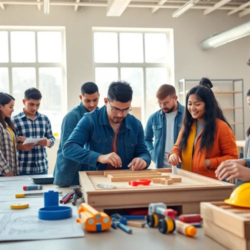 Engaged students in construction education Colorado learn practical skills in a vibrant classroom.