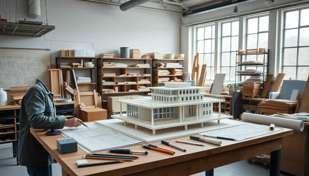 Architekturmodellbau Stuttgart: Detaillierte Arbeitsfläche mit Modellen und Werkzeugen