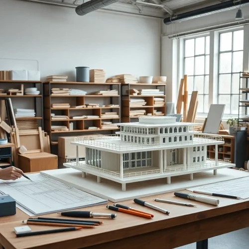 Architekturmodellbau Stuttgart: Detaillierte Arbeitsfläche mit Modellen und Werkzeugen