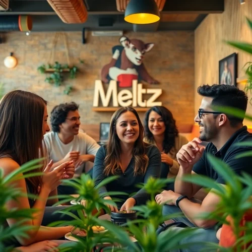 Social interaction at Meltz Cannabis Club Madrid highlighting engagement and community.