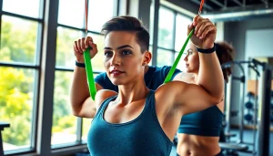 Client using pull-up assist bands with trainer guidance in a bright gym