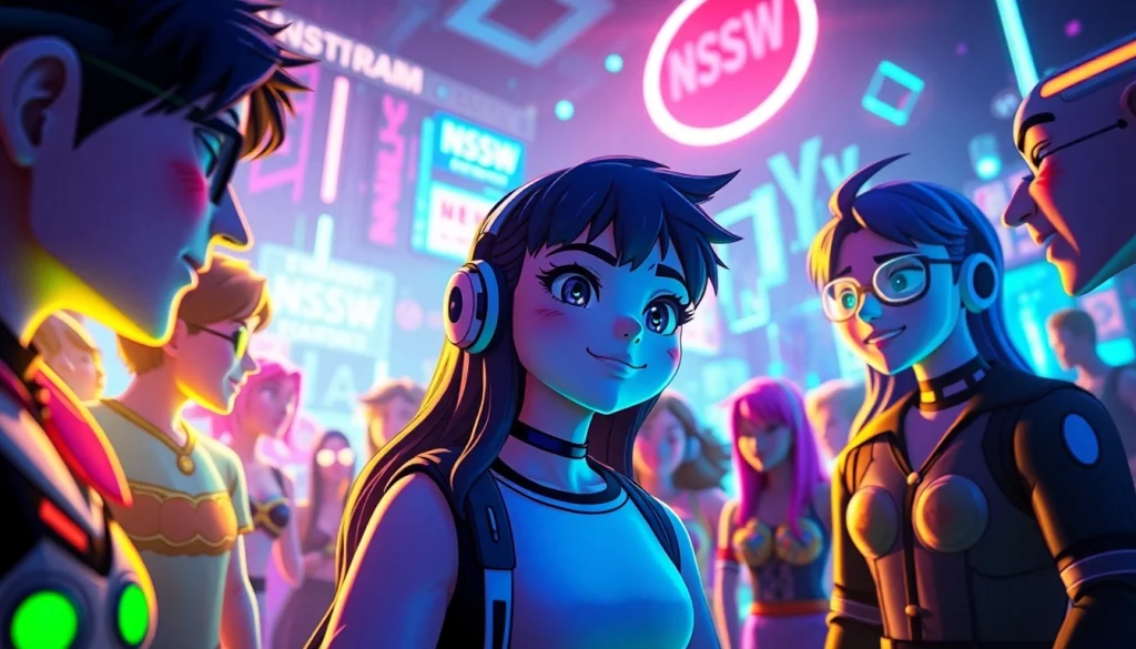Engaging scene showcasing free NSFW character AI with animated personas in a vibrant digital landscape.