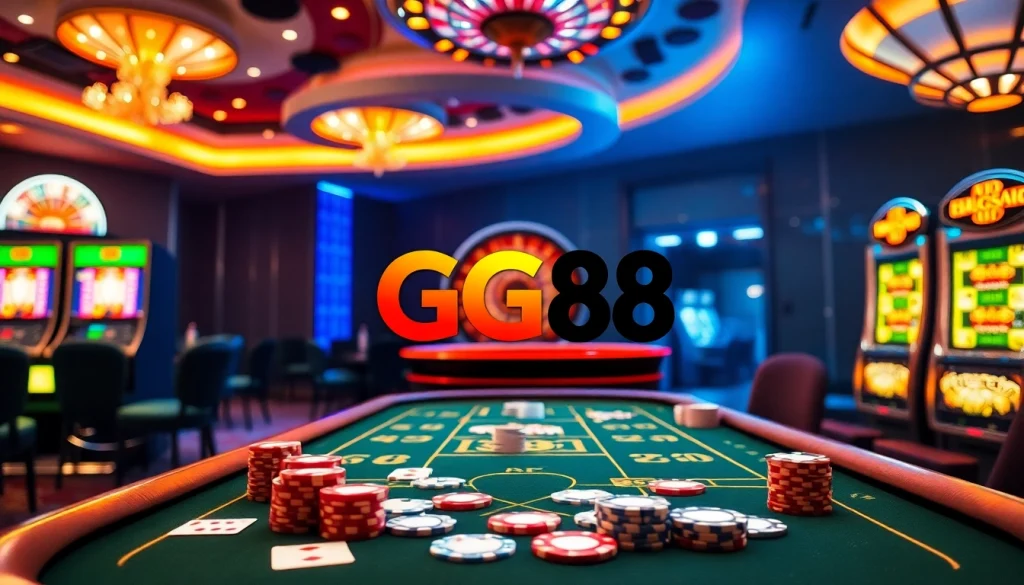 Experience the thrill of GG88 with a vibrant casino scene filled with poker, roulette, and bright slot machines.