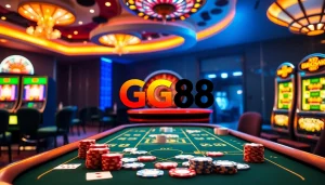 Experience the thrill of GG88 with a vibrant casino scene filled with poker, roulette, and bright slot machines.