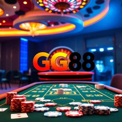Experience the thrill of GG88 with a vibrant casino scene filled with poker, roulette, and bright slot machines.