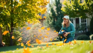 Electric leaf blower in action, efficiently clearing vibrant autumn leaves in a suburban backyard.