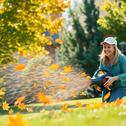 Electric leaf blower in action, efficiently clearing vibrant autumn leaves in a suburban backyard.
