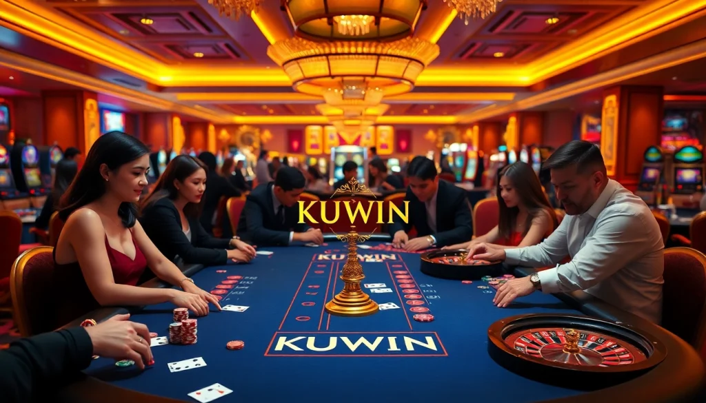 KUWIN casino scene featuring poker chips, roulette wheels, and players displaying excitement and engagement.