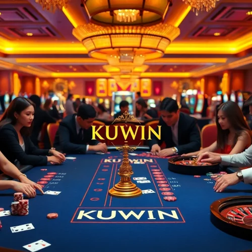 KUWIN casino scene featuring poker chips, roulette wheels, and players displaying excitement and engagement.