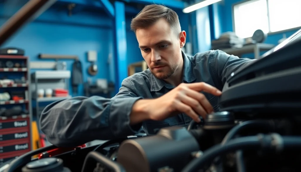 Engage with monthly car warranty plans while a mechanic inspects a car engine in a bright workshop.