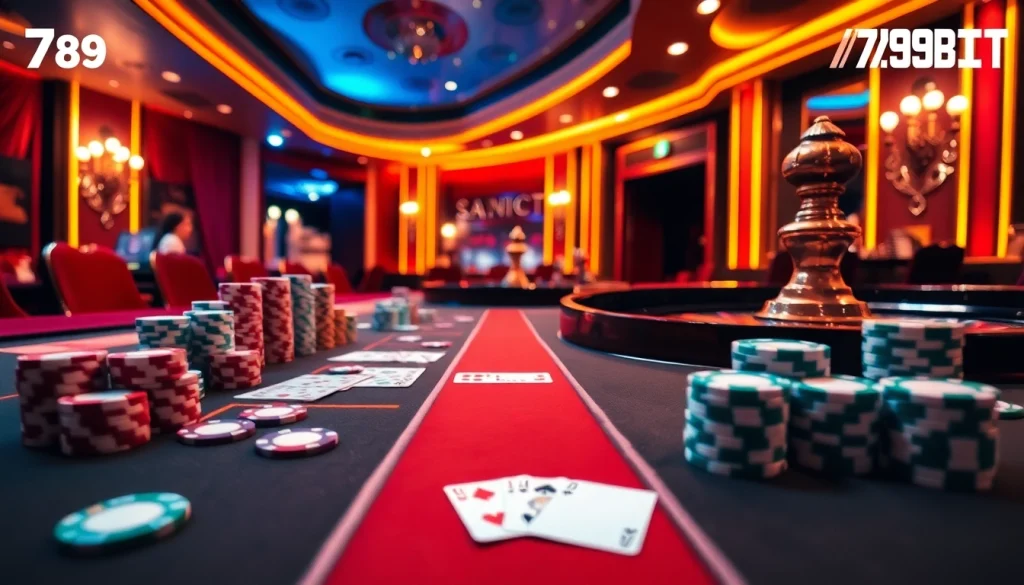 Engage in thrilling casino action at 789bet.tours with poker chips, a roulette wheel, and vibrant gaming ambiance.