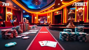 Engage in thrilling casino action at 789bet.tours with poker chips, a roulette wheel, and vibrant gaming ambiance.