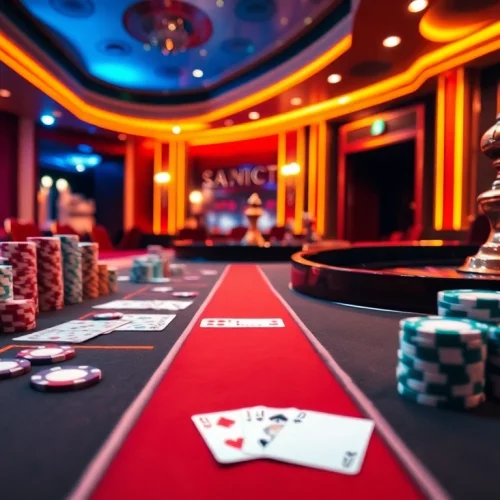 Engage in thrilling casino action at 789bet.tours with poker chips, a roulette wheel, and vibrant gaming ambiance.